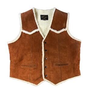 Vintage Montgomery Ward Men's XL Suede Leather Vest Shearling Sherpa Tan 70's